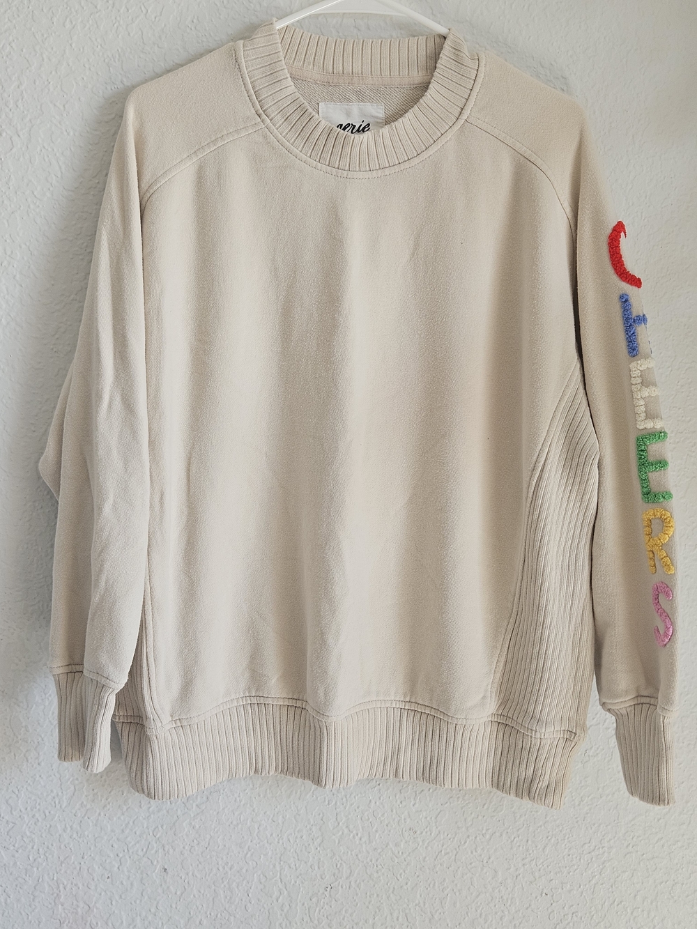Aerie Cream Cheers Chenille Patch Oversized Crewneck Sweatshirt XS